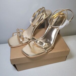 Carlkarida Gold Metallic Bow Stiletto Heels Square Toe Sandals Womens Size 7.5
